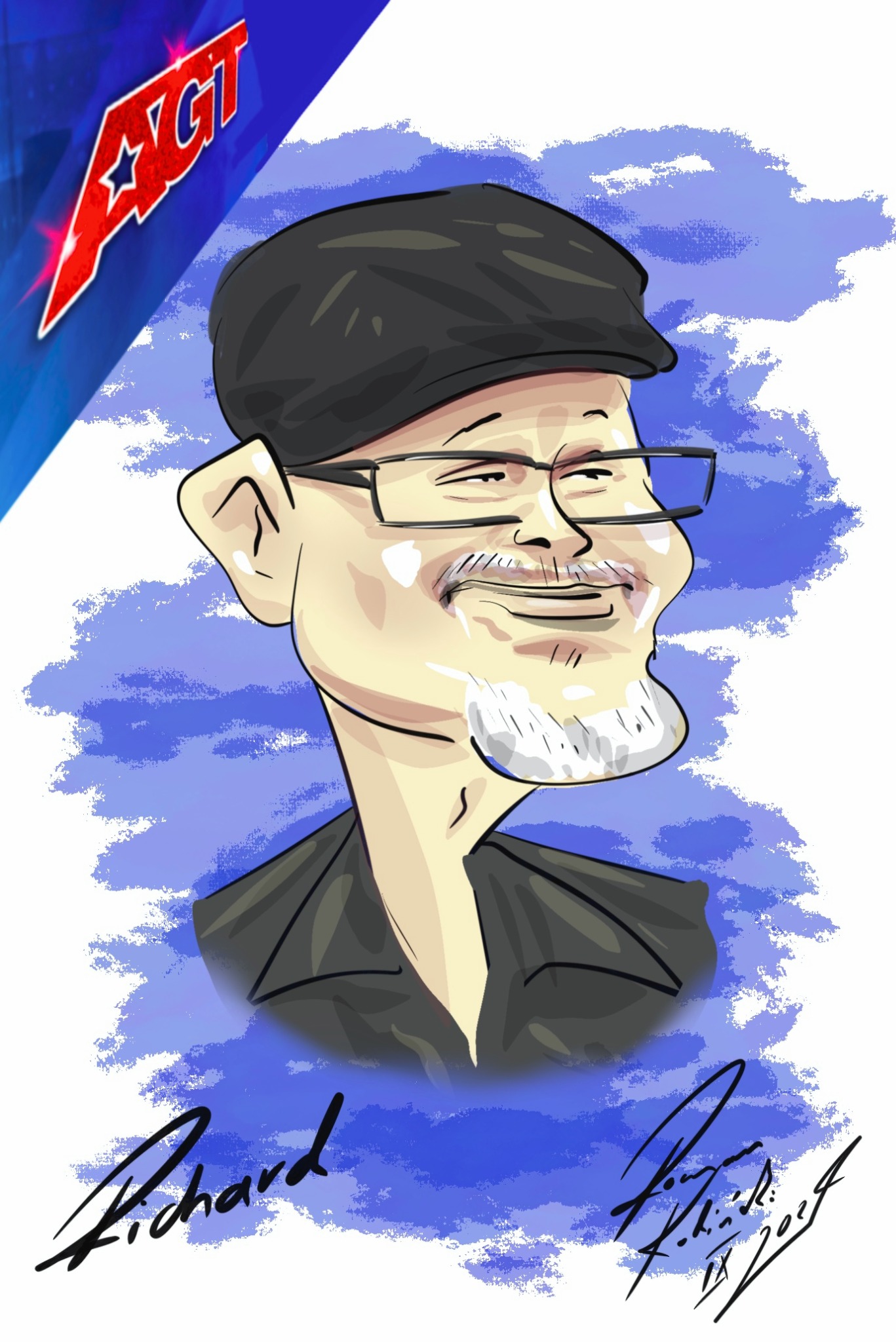 Cyfrowa karykatura mężczyzny w okularach i czapce, z logo AGT w rogu, na tle niebieskich pociągnięć pędzla i z autografem.