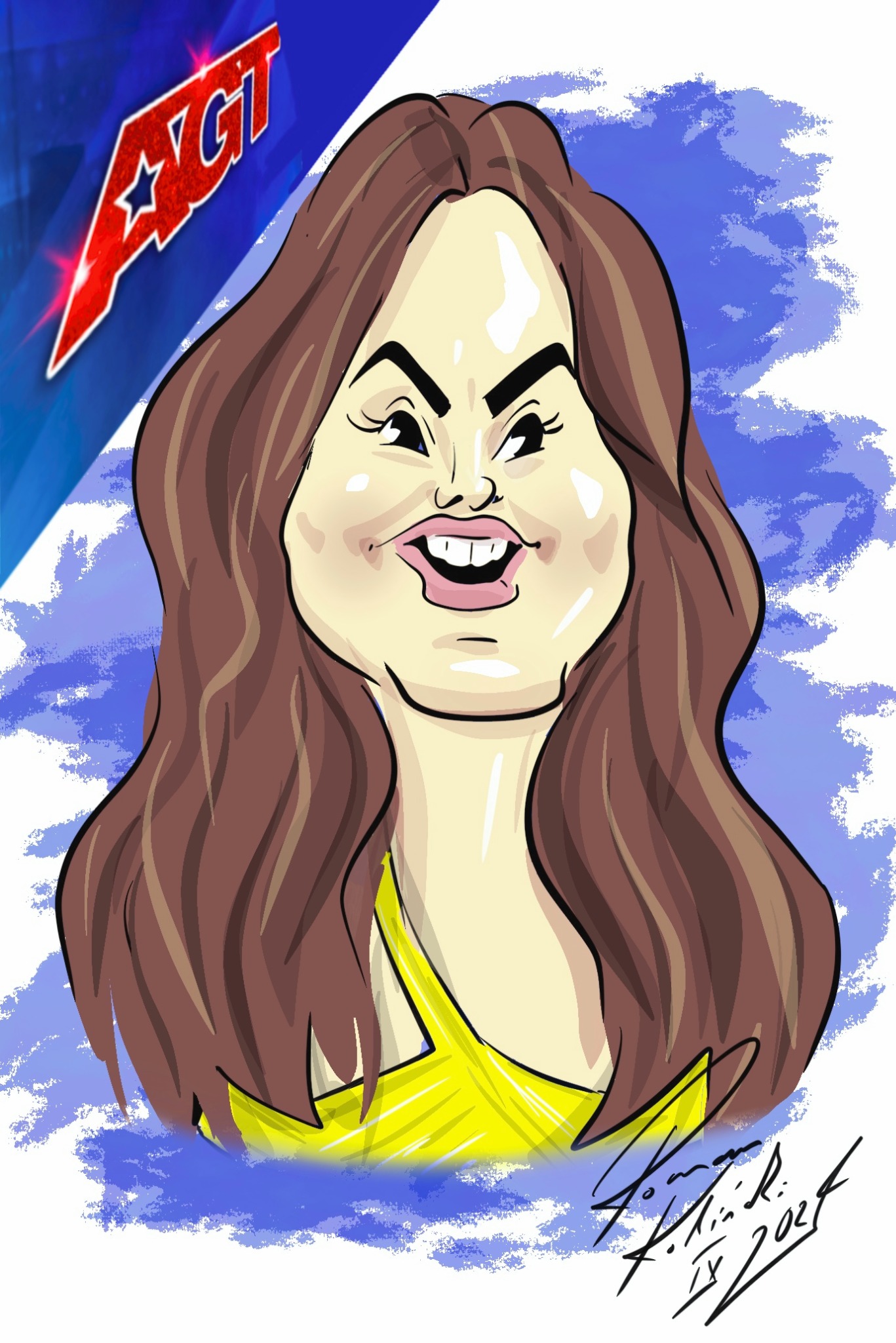 Cyfrowy portret karykaturalny kobiety z brązowymi włosami i żółtej sukience, z logo America's Got Talent w tle.