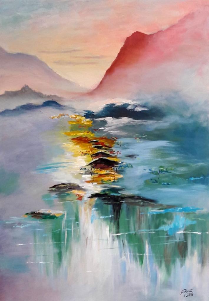 Abstrakcyjny pejzaż górski z odbiciami w wodzie, wykonany techniką olejną z przewagą błękitów, zieleni i ciepłych odcieni zachodzącego słońca. Charakterystyczne, nieregularne pociągnięcia pędzla...