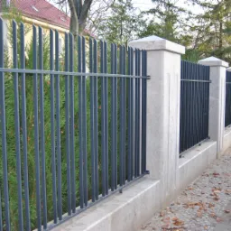 Nowoczesne ogrodzenie z pionowych, metalowych prętów w kolorze grafitowym, osadzone na niskim, betonowym murku z kamiennymi słupkami, z zielonymi tujami w tle.
