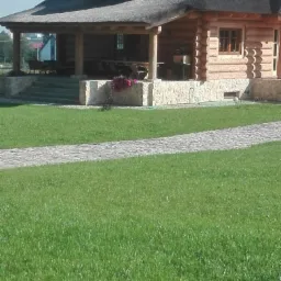 Drewniany dom z krytym strzechą dachem, kamiennym fundamentem i tarasem, otoczony zielonym trawnikiem i ścieżką z kostki.