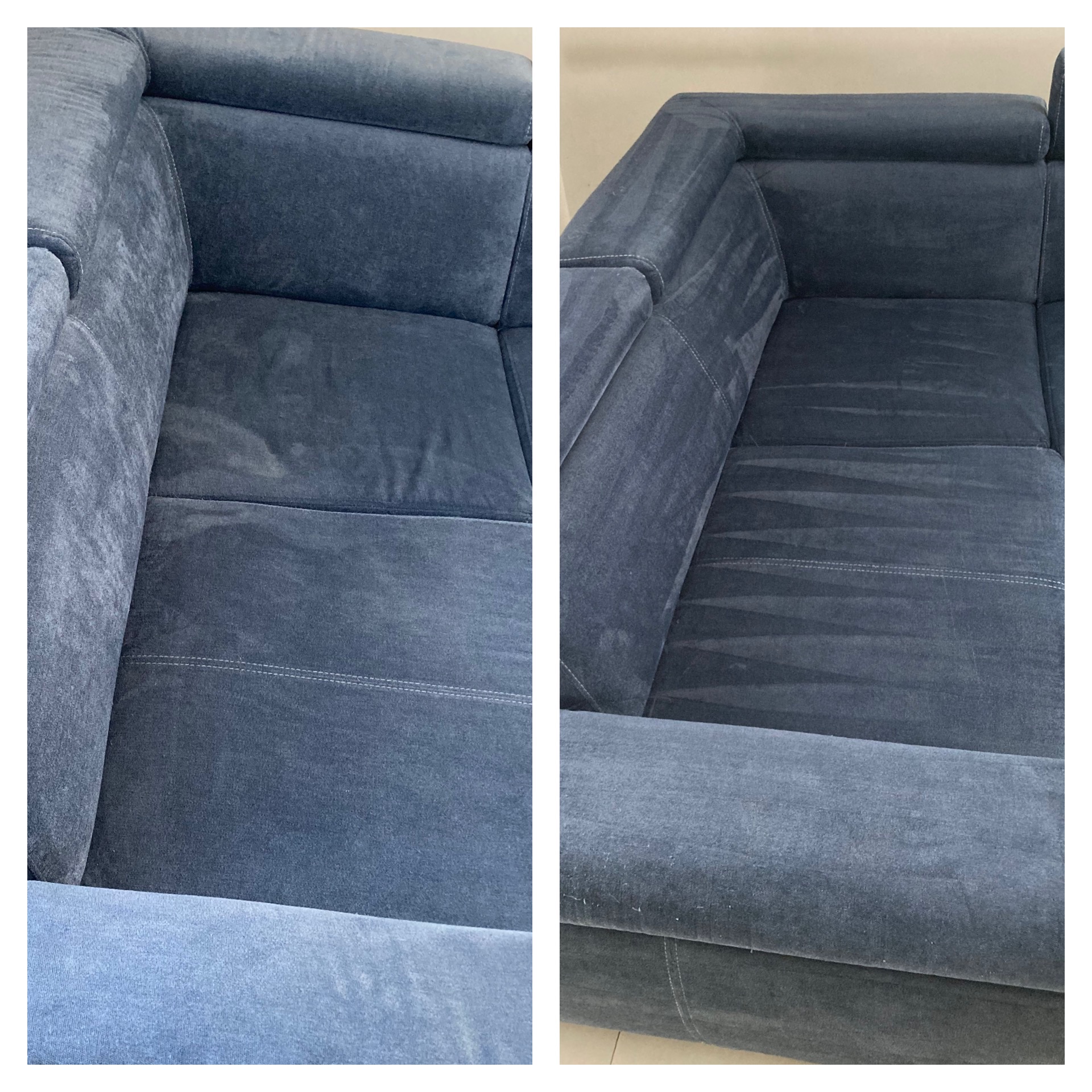 Porównanie stanu sofy przed i po czyszczeniu, widoczne różnice w kolorze i usunięcie zabrudzeń z tapicerki.