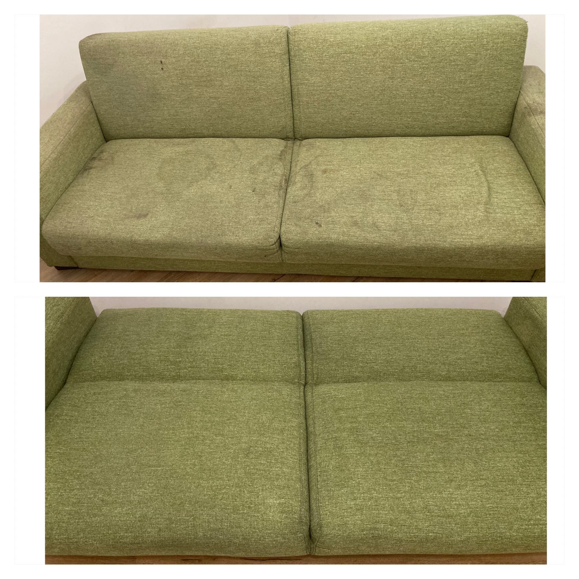 Porównanie sofy dwuosobowej o pistacjowej tapicerce przed i po czyszczeniu, widoczne plamy usunięte z siedziska i oparcia.