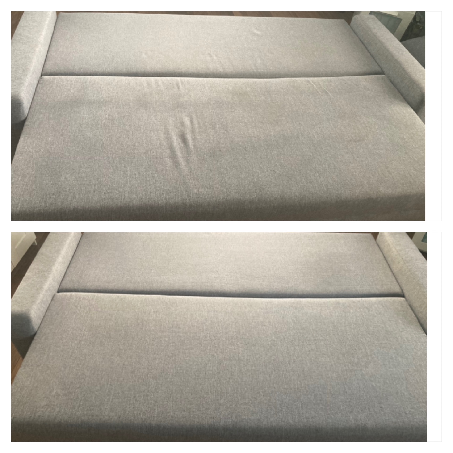 Dwa ujęcia tej samej szarej, tapicerowanej sofy. Na górnym ujęciu widoczne niewielkie, ciemniejsze zabrudzenie na siedzisku.