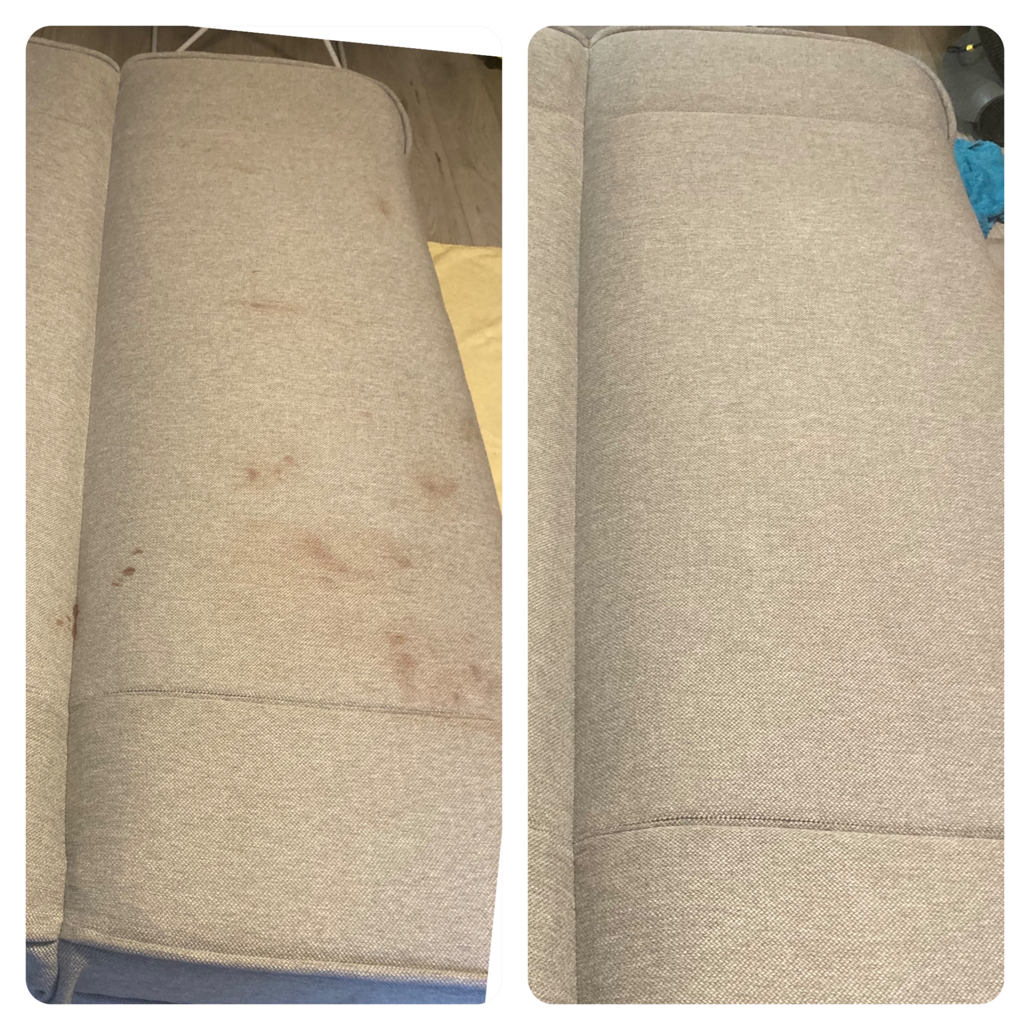 Tapicerka sofy z beżowej tkaniny, widoczna część z plamami przed czyszczeniem po lewej stronie i ta sama część po czyszczeniu po prawej stronie, ukazująca różnicę w wyglądzie.