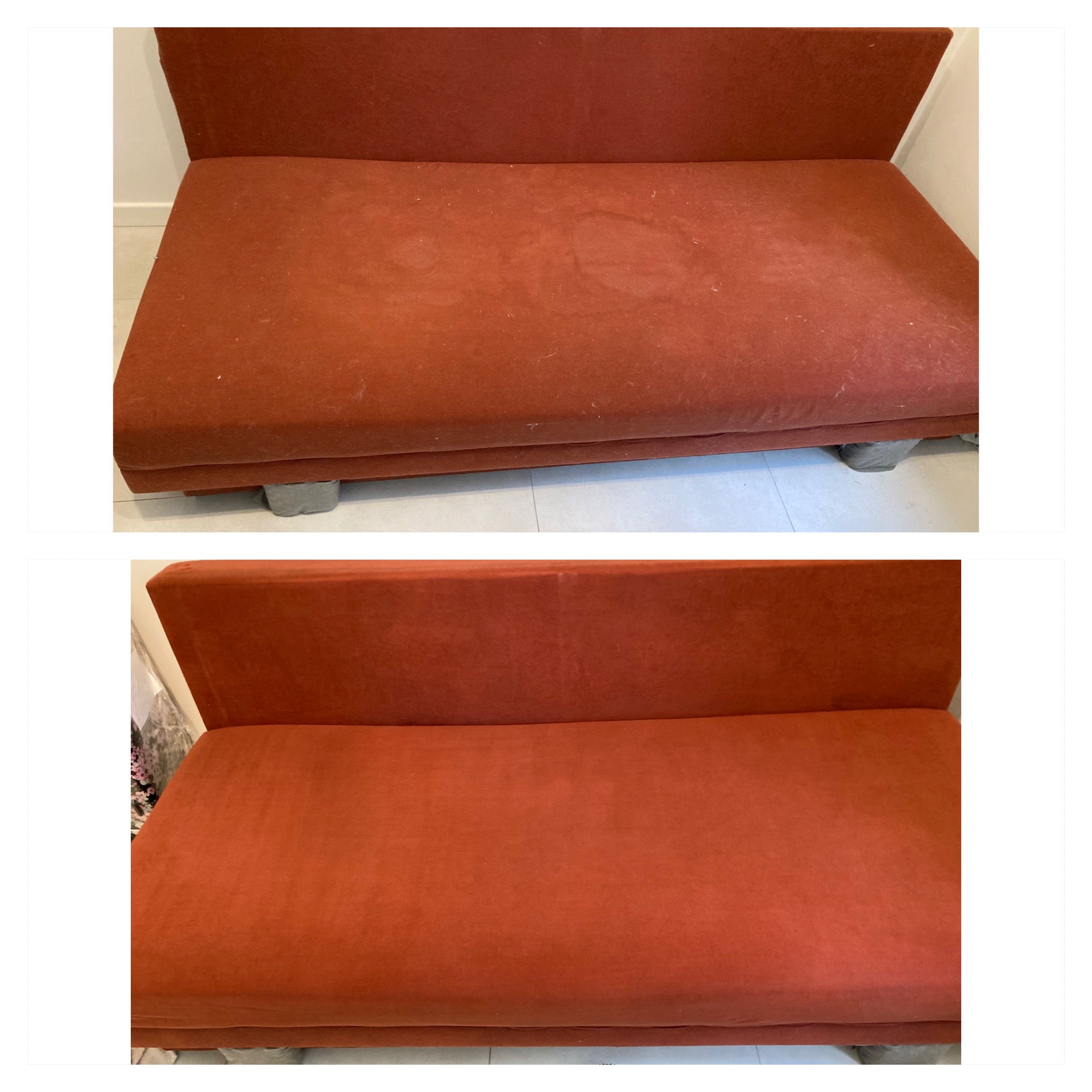 Porównanie stanu sofy z pomarańczowej tkaniny przed i po czyszczeniu, widoczne plamy usunięte z powierzchni.