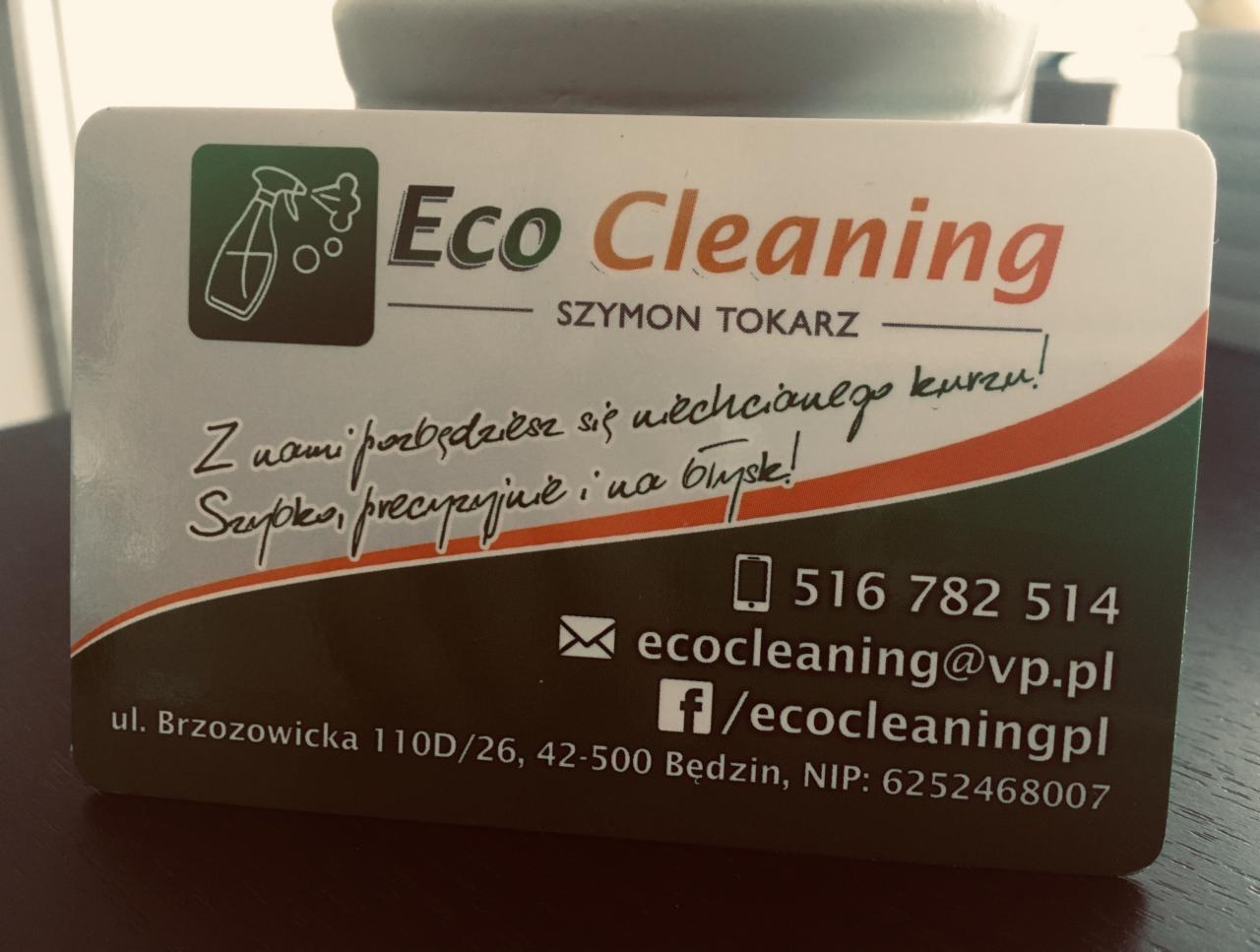 Wizytówka Eco Cleaning Szymon Tokarz z adresem, numerem telefonu i hasłem: Z nami pozbędziesz się niechcianego kurzu! Szybko, precyzyjnie i na błysk!