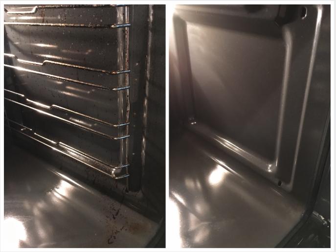 Wnętrze piekarnika: Po lewej stronie brudne, metalowe ruszty i zabrudzone ściany piekarnika, po prawej stronie czysta, błyszcząca powierzchnia po czyszczeniu.