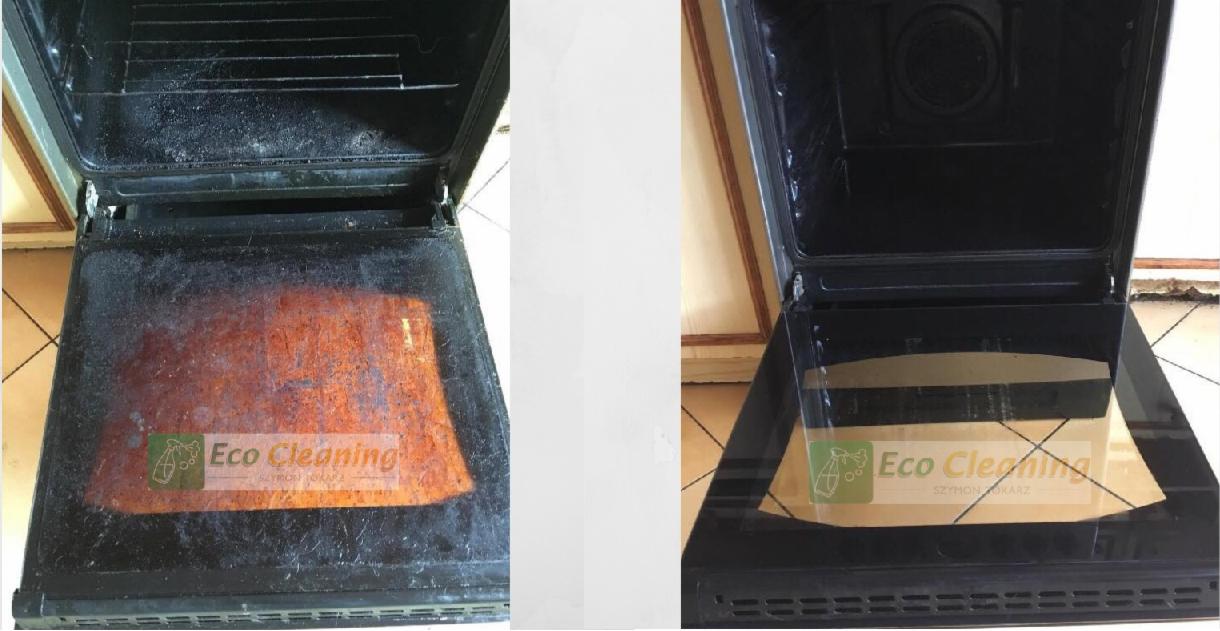 Porównanie wnętrza piekarnika przed i po czyszczeniu, z widocznym logo firmy Eco Cleaning na obu zdjęciach.