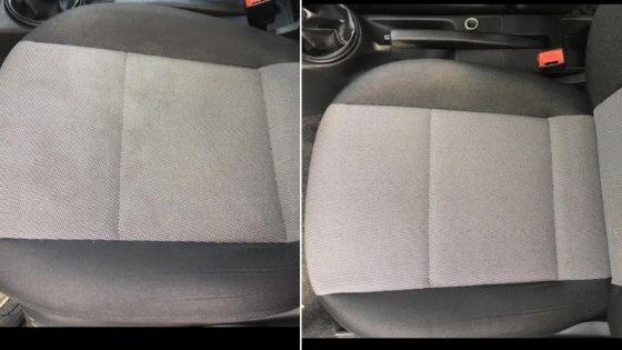 Porównanie: Fotel samochodowy z szarą tapicerką, po lewej stronie widoczna wyraźna różnica w czystości po czyszczeniu, kontrastująca z zabrudzoną prawą stroną.