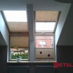 Dwa okna dachowe w pokoju na poddaszu z beżowymi plisowanymi osłonami przeciwsłonecznymi, kwiat w doniczce na parapecie jednego z okien.