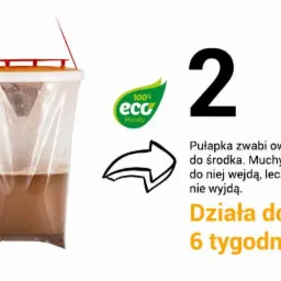 Instrukcja użycia pułapki na owady: krok 1 - wsyp atraktant i dolej wodę, krok 2 - pułapka zwabia owady. Widoczne dwie przezroczyste pułapki z zawartością, strzałka i logo '100% eco friendly'.