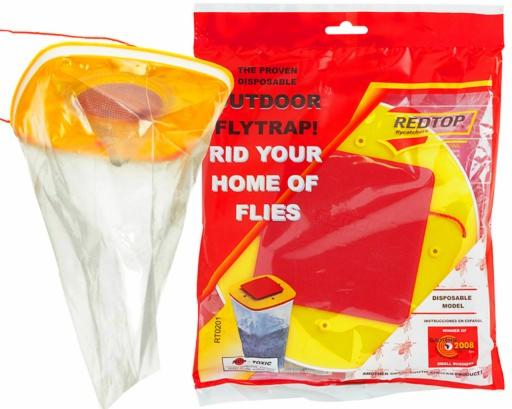 Zestaw na muchy: rozłożona pułapka z żółtym kołnierzem i przezroczystym workiem obok zapakowanej, czerwono-żółtej pułapki jednorazowej z napisem 'RID YOUR HOME OF FLIES'.