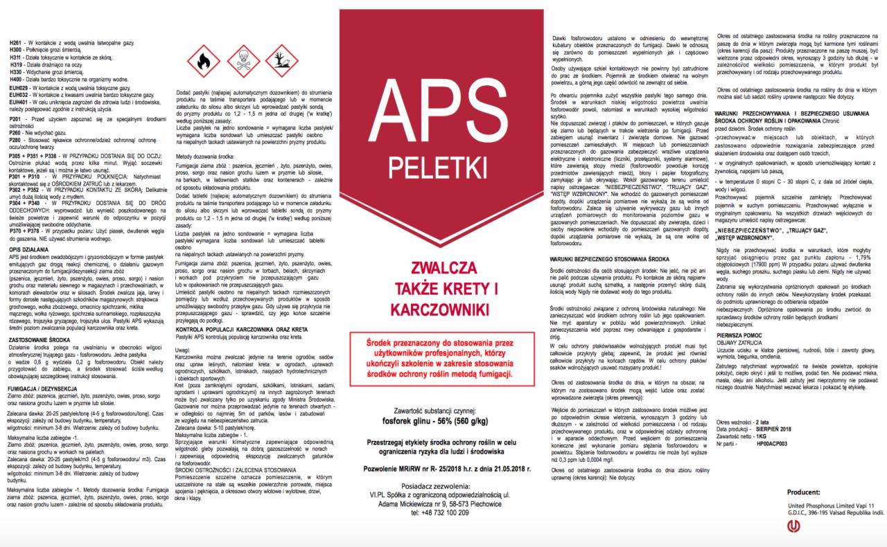 Etykieta produktu APS Peletki, środka do fumigacji, zwalczającego krety i karczowniki, przeznaczonego dla profesjonalistów, z informacjami o substancji czynnej, pozwoleniu i ostrzeżeniach.