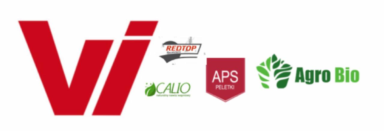 Kompozycja logotypów firm z branży rolniczej: Redtop, Calio, APS Peletki, Agro Bio oraz logo w kształcie litery V, na białym tle.