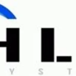 Logo firmy HLS System z niebieskim łukiem nad literą H, czarne litery w stylu szablonowym na białym tle.