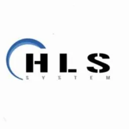 Logo firmy HLS System z niebieskim półokręgiem nad literą H, czarne litery w stylu szablonowym, białe tło.