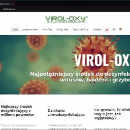Strona internetowa firmy WatchWater GmbH Berlin z Żar, prezentująca środek dezynfekujący Virol-Oxy, z grafiką wirusów w tle i hasłem 'Najpotężniejszy środek do dezynfekcji wirusów, bakterii...