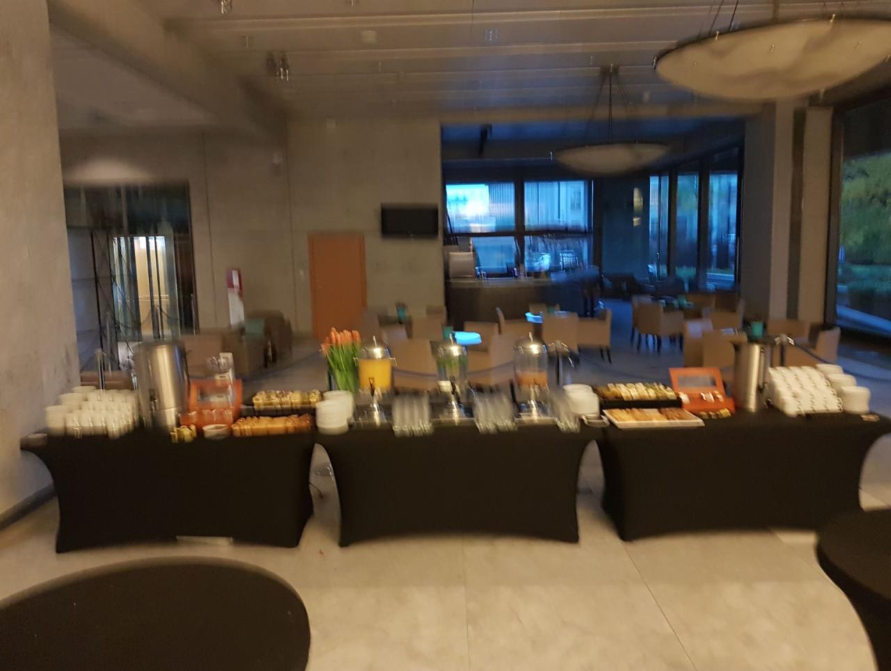 Stół cateringowy z przekąskami, napojami i kwiatami w przestronnym wnętrzu z widokiem na ogród.