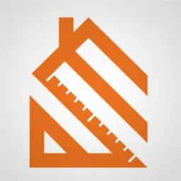 Pomarańczowy, geometryczny symbol domu z wkomponowaną miarką i kątownikiem, na jasnoszarym tle.