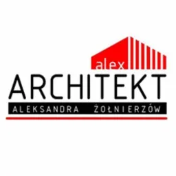 Logo firmy architektonicznej 'Alex Architekt Aleksandra Żołnierzów' z czerwonym symbolem budynku w tle, czarny napis na białym tle.