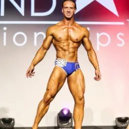 Mężczyzna z widoczną muskulaturą, w niebieskich kąpiel&oacute;wkach z numerem 53, prezentuje sylwetkę na scenie podczas zawod&oacute;w Muscle Mania Poland.