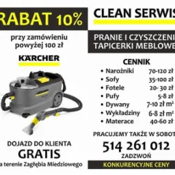 Grafika reklamowa firmy oferującej czyszczenie tapicerki meblowej, z informacją o rabacie 10% przy zamówieniu powyżej 100 zł, cennikiem usług, numerem telefonu i sprzętem marki Kärcher.