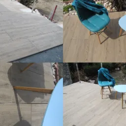 Cztery ujęcia tarasu z podłogą imitującą drewno: w lewym górnym rogu widoczne mocowanie paneli, w pozostałych turkusowe krzesło i stolik.