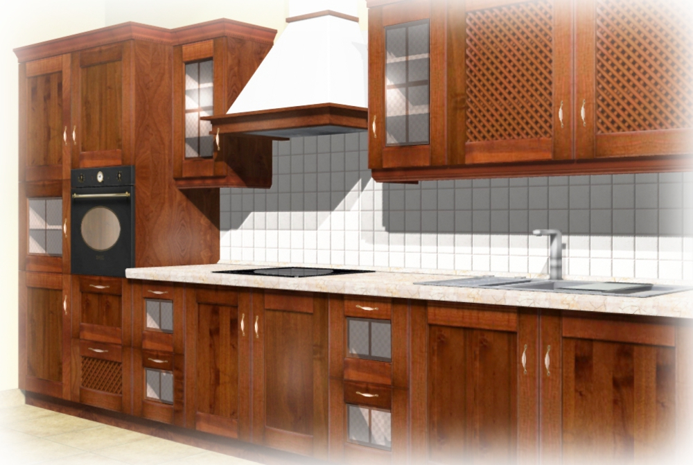 Kuchenna zabudowa z brązowego drewna z ażurowymi frontami szafek górnych i dolnych, z piekarnikiem w zabudowie, okapem i białym blatem.