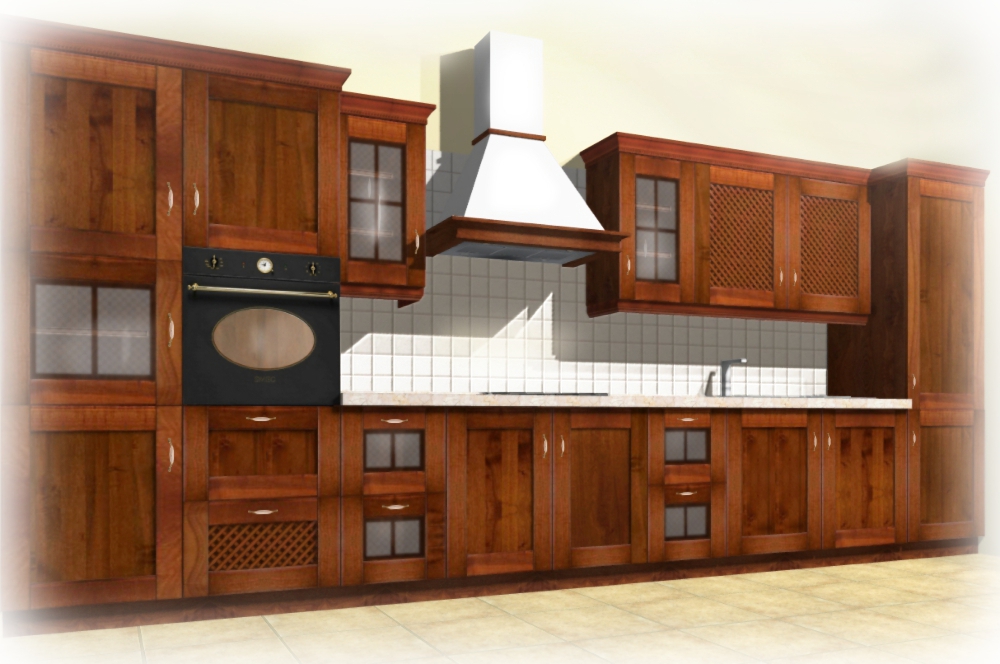 Kuchenne meble z ciemnego drewna z czarnym piekarnikiem w stylu retro i białym okapem, wykończone białymi płytkami na ścianie.