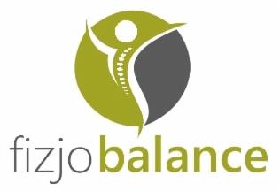 Logo firmy fizjo balance z sylwetką człowieka w zielonym okręgu z szarym elementem i widocznym kręgosłupem.