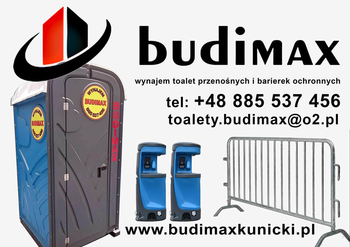 Zdjęcie przedstawia przenośne toalety w kolorze niebieskim i szarym, umywalki przenośne i barierki ochronne firmy Budimax, z widocznym numerem telefonu i adresem email.