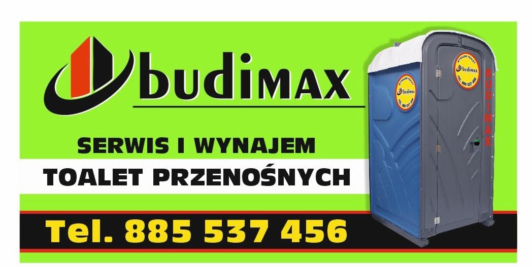 Grafika reklamowa firmy Budimax oferującej serwis i wynajem toalet przenośnych, prezentująca logo firmy oraz dwa modele toalet przenośnych w kolorach niebieskim i szarym.