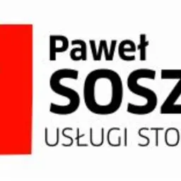 Logo firmy Paweł Soszka Usługi Stolarskie z czerwonym symbolem schodów.