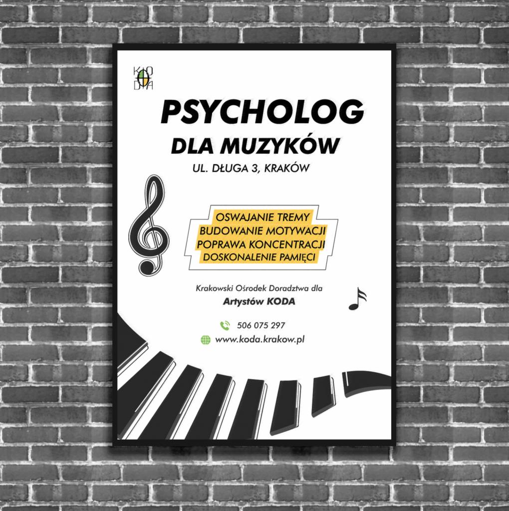 Poster psychologa dla muzyków z Krakowa, oferującego wsparcie w oswajaniu tremy, budowaniu motywacji, poprawie koncentracji i doskonaleniu pamięci, umieszczony na tle ceglanej ściany.
