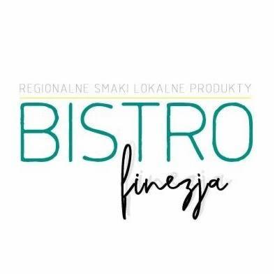 Logo Bistro Finezja z napisem 'Regionalne smaki lokalne produkty' nad zielonym napisem 'BISTRO' i czarnym, odręcznym dopiskiem 'finezja'.