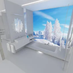 Wizualizacja białej łazienki z wanną, umywalką na blacie i dużym oknem z widokiem na zimowy krajobraz górski z ośnieżonymi drzewami.