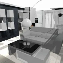 Wizualizacja wnętrza: szara sofa, czarny stolik kawowy z dwoma białymi dekoracjami, podświetlane półki z figurkami na ciemnej ścianie, widok na kuchnię i jadalnię z zegarem na ścianie.