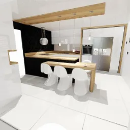 Wizualizacja nowoczesnej kuchni z wyspą i białymi krzesłami, czarna ściana z wzorem, drewniane akcenty na suficie i ramie lodówki, minimalistyczne oświetlenie wiszące.