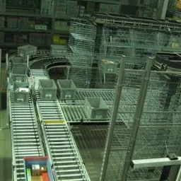 Widok z góry na system transportu wewnętrznego w magazynie, składający się z taśmociągów i rolek transportujących szare pojemniki. W tle widoczne wysokie regały magazynowe.