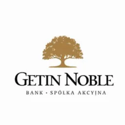 Logo Getin Noble Bank z drzewem w kolorze złotym nad nazwą firmy.