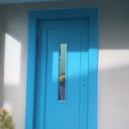 Turkusowe drzwi wewnętrzne z małym przeszkleniem, widok na rośliny w doniczce w tle, oświetlone światłem słonecznym.