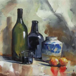 Olejny martwa natura: zielona butelka wina, ciemna butelka, wzorzysty wazon i dwa owoce na błyszczącej powierzchni, malowane w impresjonistycznym stylu z widocznymi pociągnięciami pędzla.