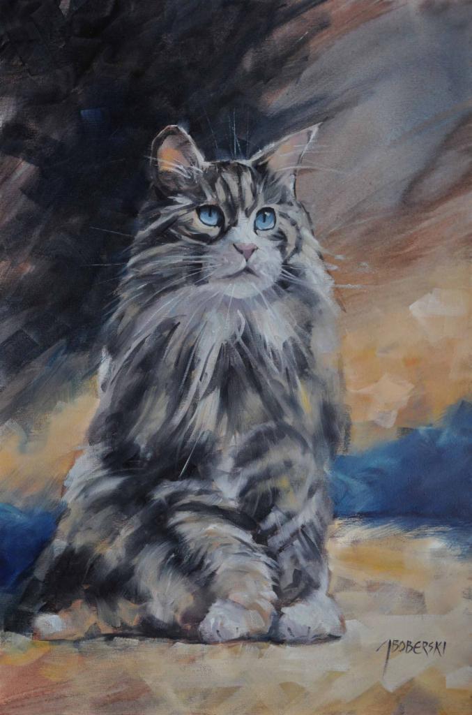 Portret Maine Coona z błękitnymi oczami namalowany farbami olejnymi na płótnie, widoczny podpis artysty w prawym dolnym rogu.