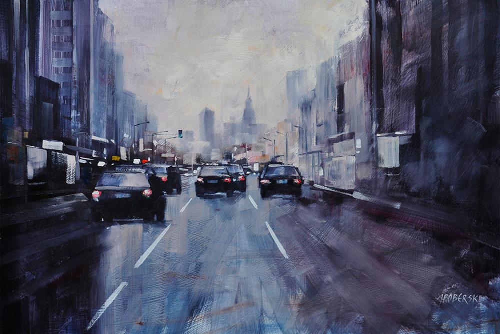 Obraz olejny przedstawiający ruch uliczny w mieście, z widokiem na budynki i samochody w deszczowy dzień. Charakterystyczne pociągnięcia pędzlem tworzą wrażenie dynamiki i realizmu.