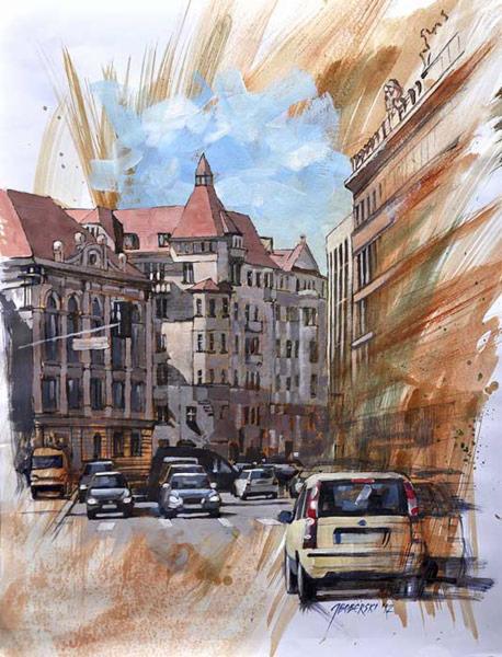 Akwarelowe malarstwo przedstawiające miejski krajobraz z budynkami, samochodami i niebem z chmurami, w dynamicznej i ekspresyjnej stylistyce.