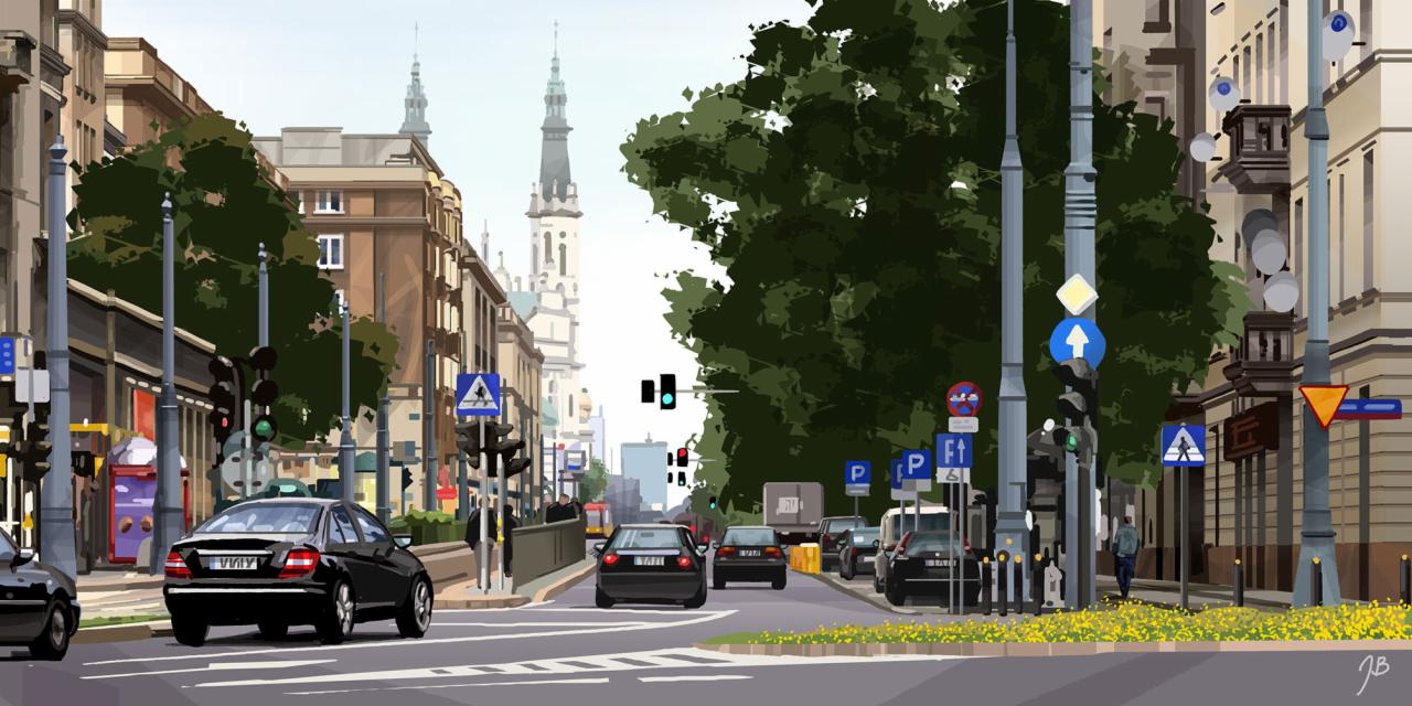 Ilustracja cyfrowa przedstawiająca ruchliwą ulicę miejską z samochodami, sygnalizacją świetlną i budynkami w tle, utrzymana w realistycznym stylu z widocznymi pociągnięciami pędzla cyfrowego.