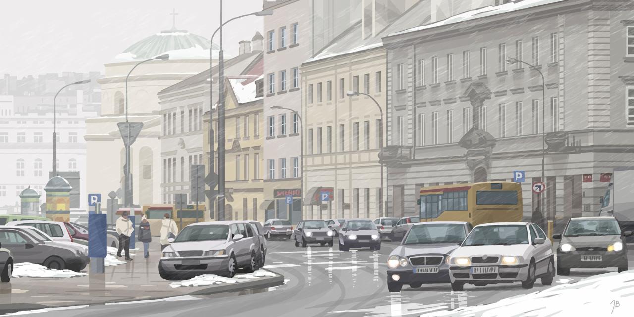 Cyfrowa ilustracja przedstawiająca zimowy krajobraz miejski z samochodami, budynkami i padającym śniegiem, utrzymana w stonowanej kolorystyce z widocznymi śladami pędzla.