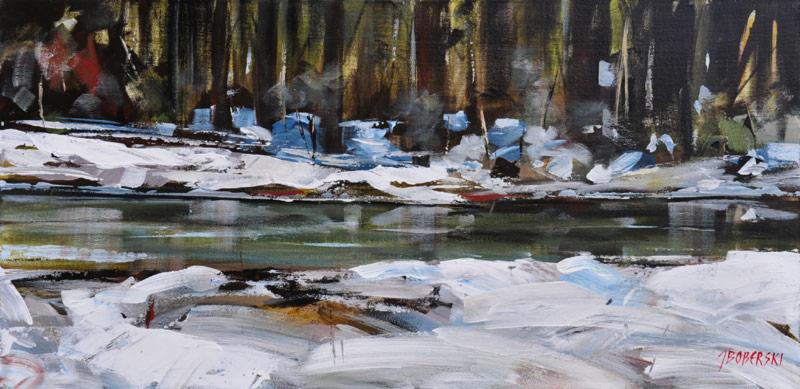 Impresjonistyczny obraz olejny przedstawiający zimowy krajobraz z rzeką, śniegiem i lasem w tle, sygnowany w prawym dolnym rogu.