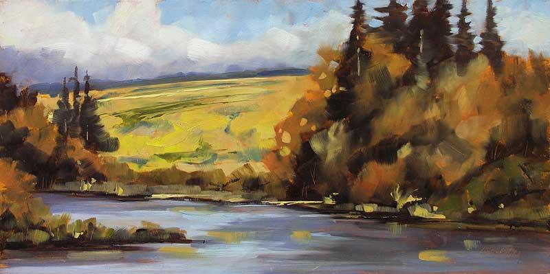 Pejzaż olejny przedstawiający rzekę, łąki i las w jesiennych barwach, wykonany w stylu impresjonistycznym z widocznymi pociągnięciami pędzla.
